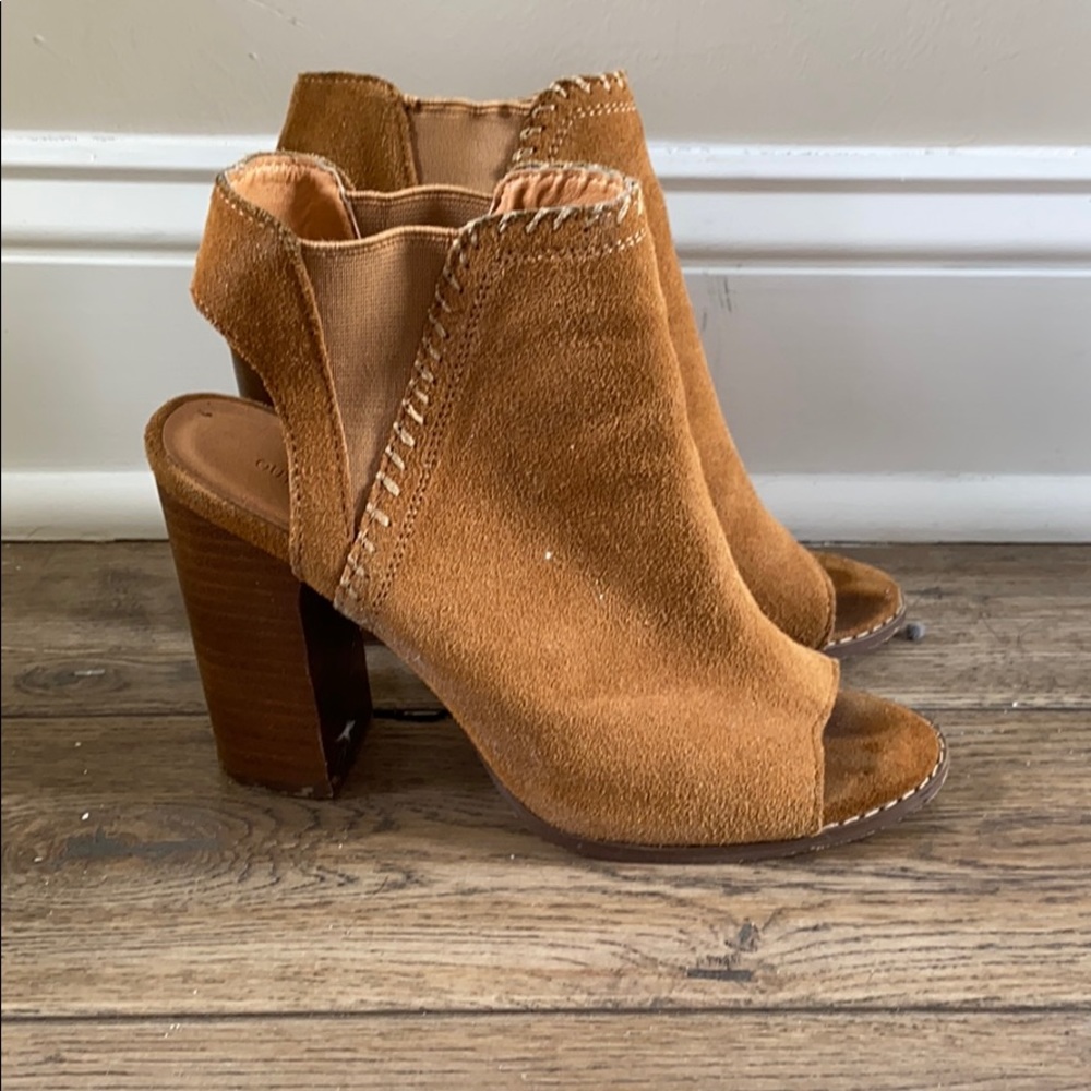 Tan open toe booties